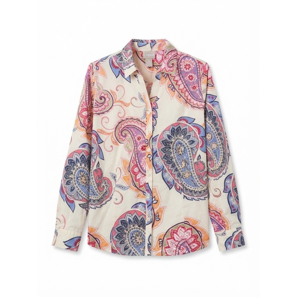 Chicos L Cotton Button Up Summer Boho Colorful Chic 3/4 Sleeve Summer